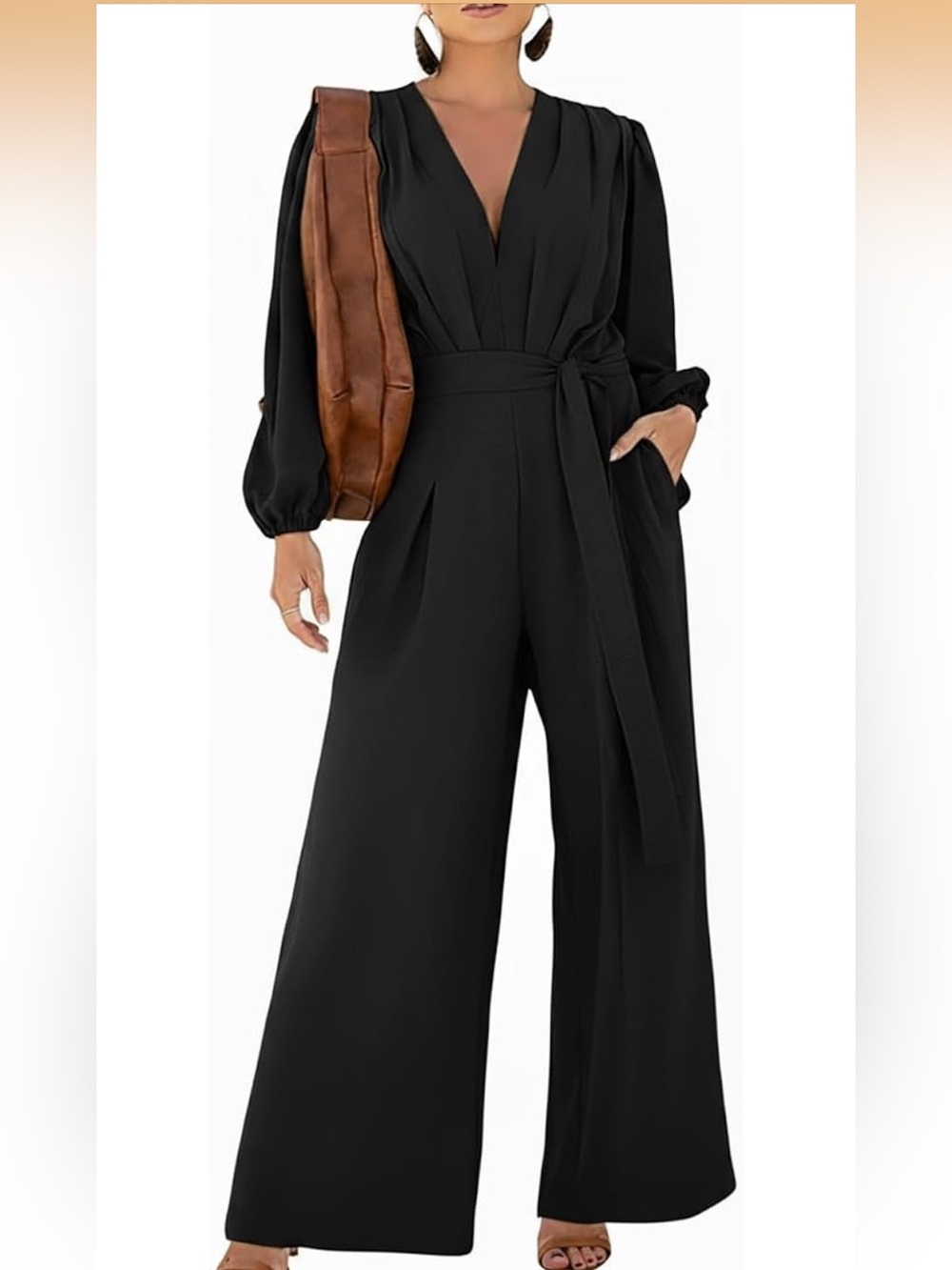 Classic Black Wide-Leg Wrap Jumpsuit with Tie Waist